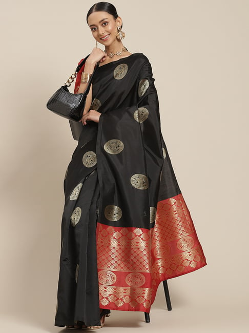 KSUT Black & Red Silk Woven Saree With Unstitched Blouse Price in India