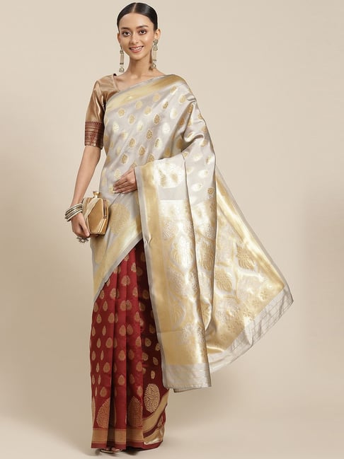 KSUT Grey & Maroon Silk Woven Saree With Unstitched Blouse Price in India