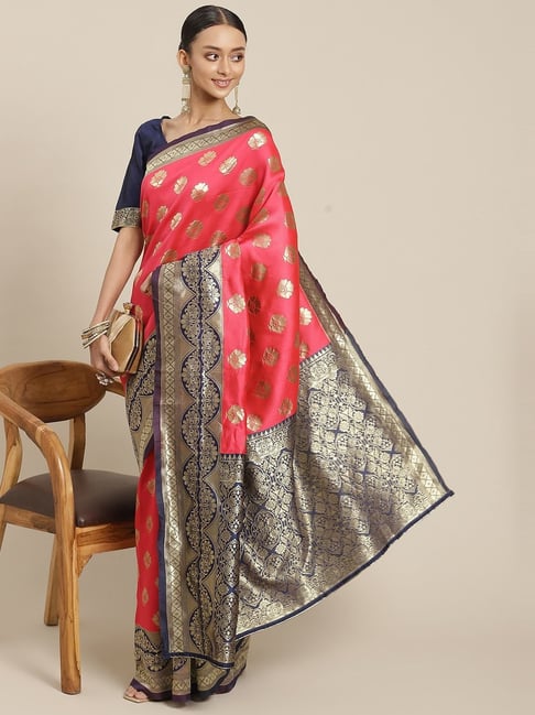 KSUT Pink & Navy Silk Woven Saree With Unstitched Blouse Price in India