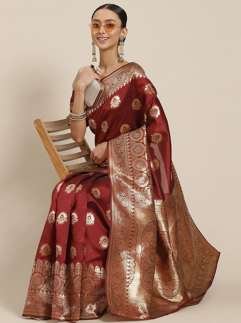 KSUT Maroon Silk Woven Saree With Unstitched Blouse Price in India