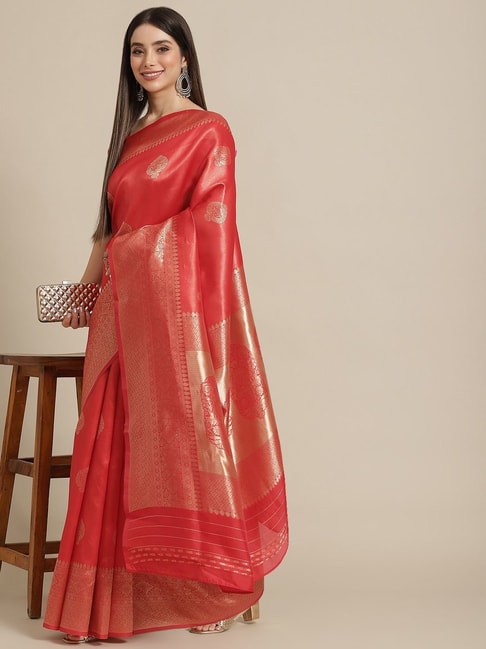 KSUT Red Silk Woven Saree With Unstitched Blouse Price in India