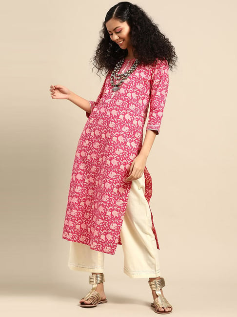 KSUT Pink & Off-White Cotton Printed Kurta Palazzo Set