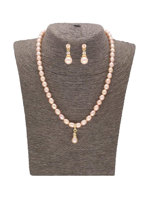 Sri Jagdamba Pearls Forever in Style Peach & Golden Necklace and Earring Set-image-30