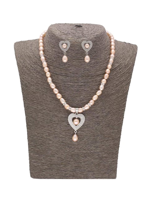Sri Jagdamba Pearls Timeless Elegance Peach & Silver Necklace and Earring Set-image-29