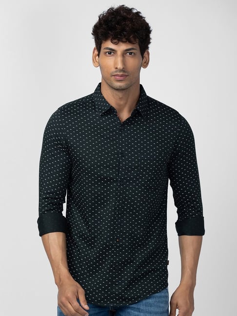 Spykar Bottle Green Cotton Slim Fit Printed Shirt