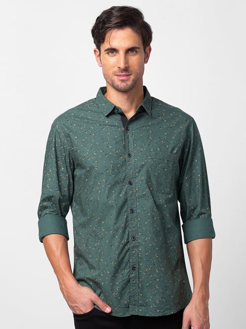 Spykar Sage Green Cotton Slim Fit Printed Shirt