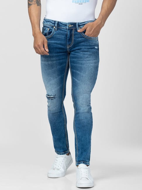 Spykar Mid Blue Cotton Slim Fit Distressed Jeans