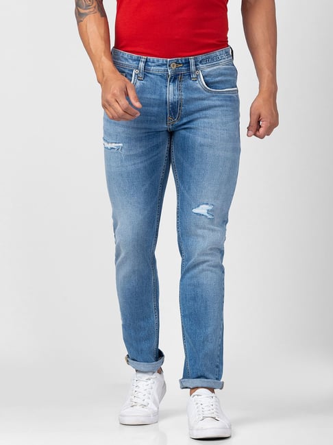 Spykar Light Blue Cotton Regular Fit Distressed Jeans-picture-23