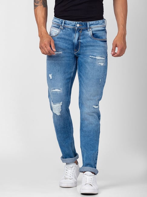 Spykar Light Blue Cotton Regular Fit Distressed Jeans-picture-22