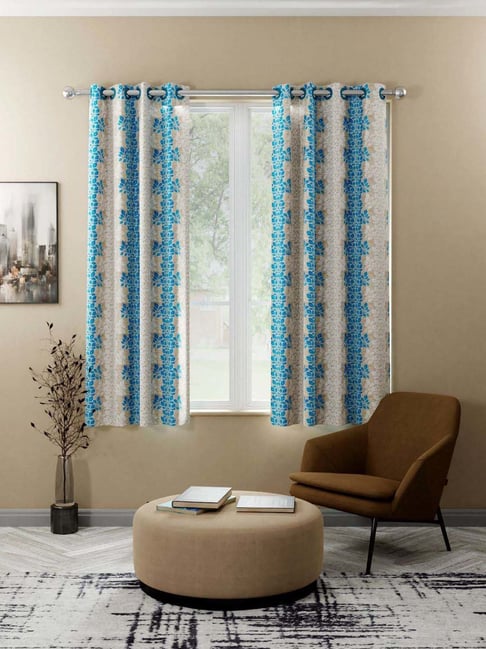 Bianca SANTORO Beige & Blue Faux Silk 5 Ft. Window Curtain - Set of 2-picture-25