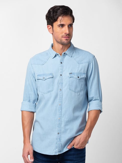 Plain Blue Men Slim Fit Denim Shirt at Rs 350 in New Delhi | ID:  2851883597455