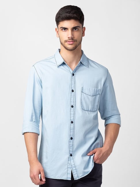Buy Spykar Ice Blue Cotton Slim Fit Denim Shirt for Mens Online @ Tata CLiQ