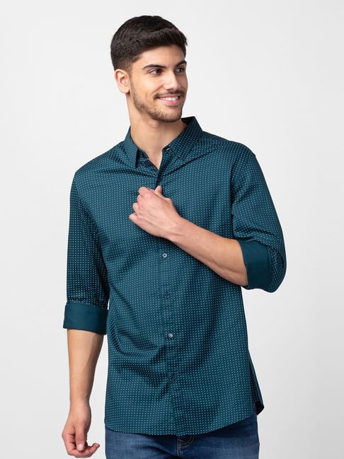 Spykar Teal Green Cotton Slim Fit Printed Shirt