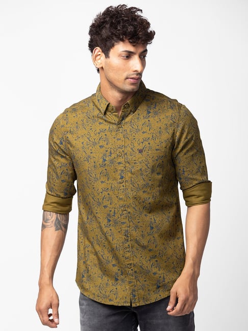 Spykar Military Green Cotton Slim Fit Printed Shirt