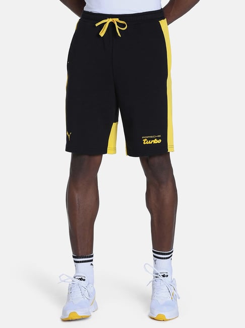 Puma Black & Yellow Cotton Regular Fit Colour Block Shorts