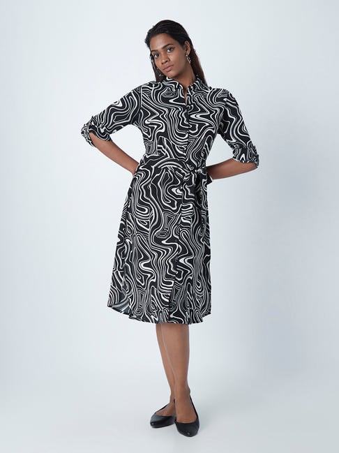 Wardrobe by Westside Black Abstract Print Shirtdress Price in India