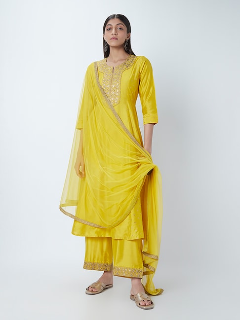 Vark by Westside Mustard Straight Kurta, Palazzos and Stole Price in India