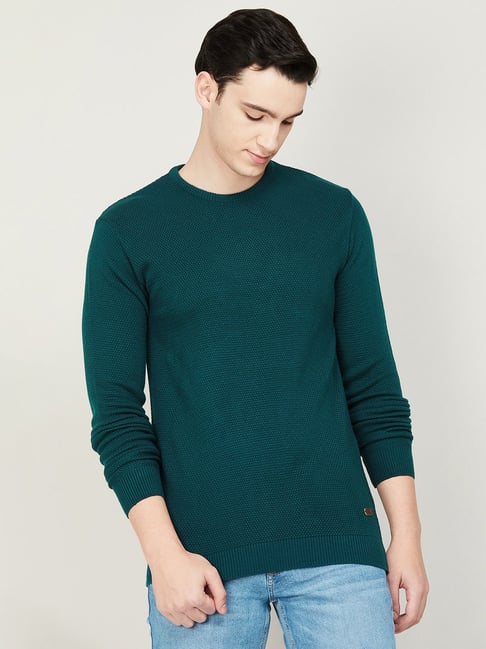 Fame Forever by Lifestyle Teal Green Regular Fit Self Design Sweater