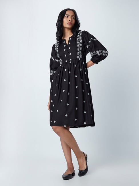 LOV by Westside Black Patterned Fit-And-Flare Dress Price in India