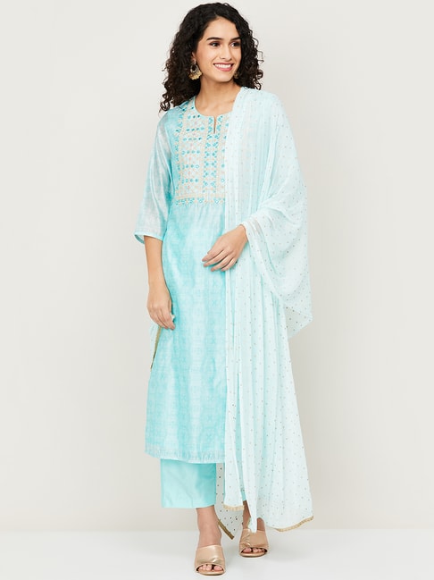 Melange by Lifestyle Blue Embroidered Kurta Palazzo Set With Dupatta Price in India