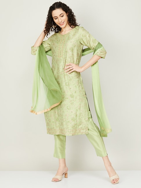Melange by Lifestyle Green Embroidered Kurta Pant Set With Dupatta Price in India