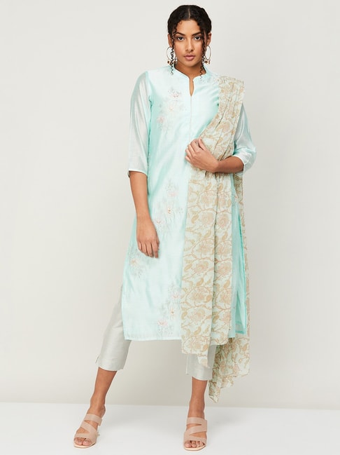 Melange by Lifestyle Blue Embroidered Kurta Pant Set With Dupatta Price in India