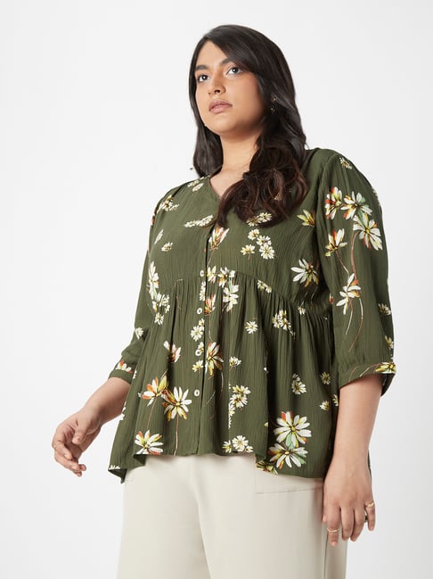 Gia Curves by Westside Dark Olive Printed Peplum Blouse Price in India