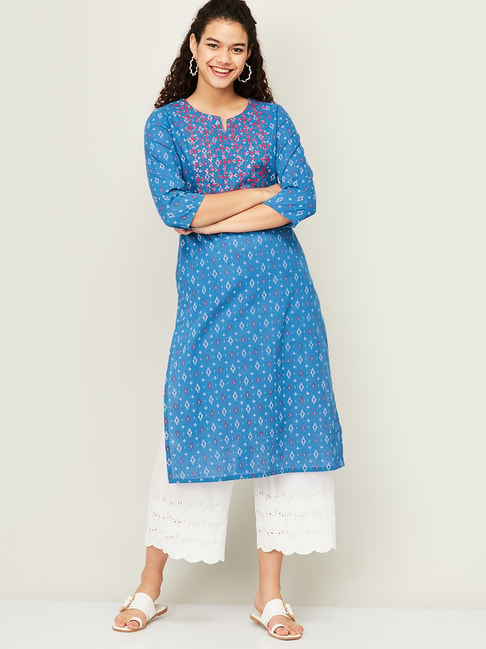 Melange by Lifestyle Blue Cotton Printed Straight Kurta Price in India