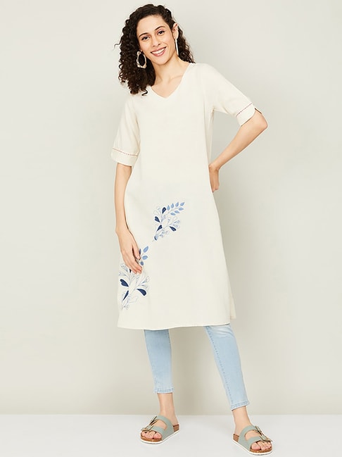Colour Me by Melange Off-White Embroidered A Line Kurta Price in India