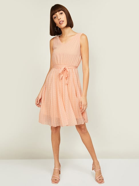 Code by Lifestyle Peach Self Pattern A-Line Dress Price in India
