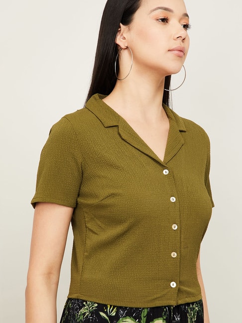 Ginger by Lifestyle Olive Green Shirt Collar Top Price in India