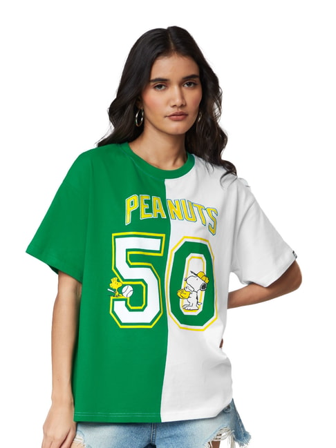 The Souled Store White & Green Peanuts: Sports Club (50) Printed Oversized T-Shirt Price in India