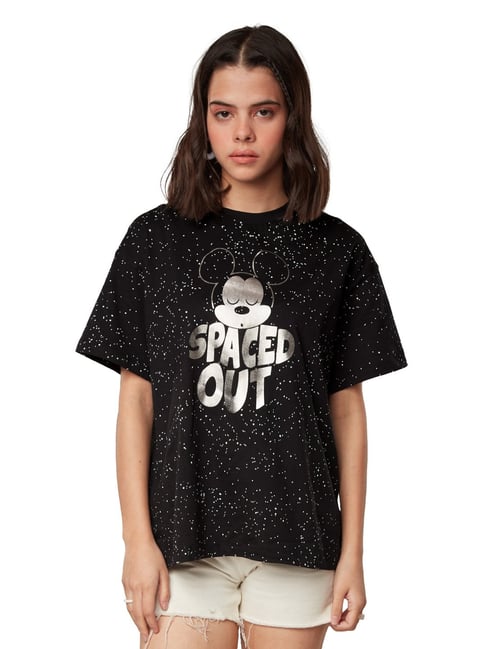 The Souled Store Black Disney: Spaced Out ft. Mickey Mouse Printed Oversized T-Shirt