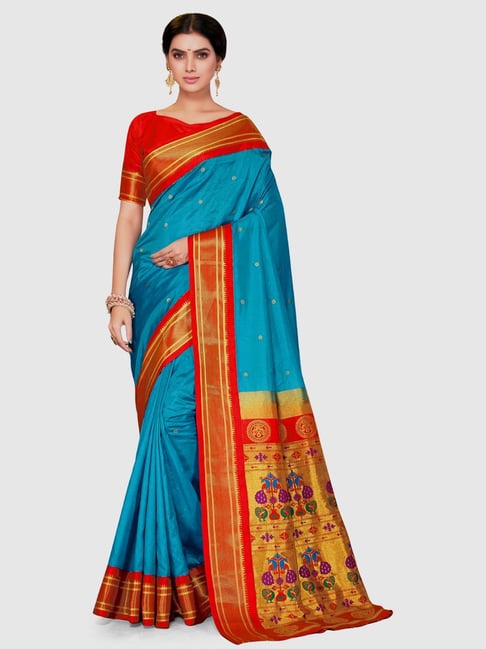 Varkala Silk Sarees Blue & Red Woven Saree With Unstitched Blouse Price in India