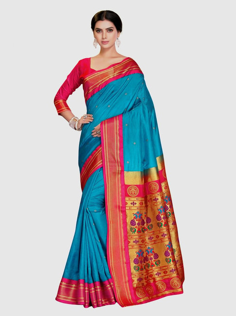 Varkala Silk Sarees Blue & Pink Woven Saree With Unstitched Blouse Price in India