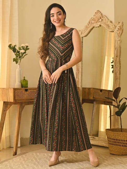 Rustorange Green Printed Maxi Dress Price in India