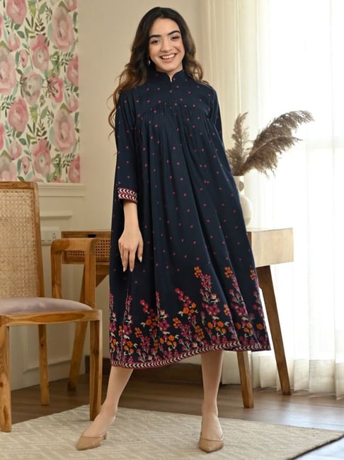 Rustorange Blue Printed A-Line Dress Price in India
