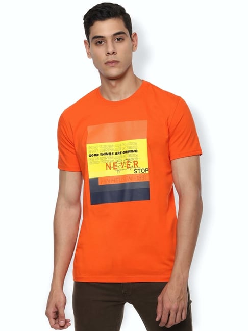 Van Heusen Sport Orange Cotton Regular Fit Printed T-Shirt