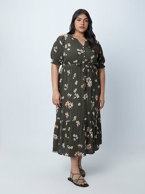 Gia Curves by Westside Olive Floral Dress with Belt Price in India