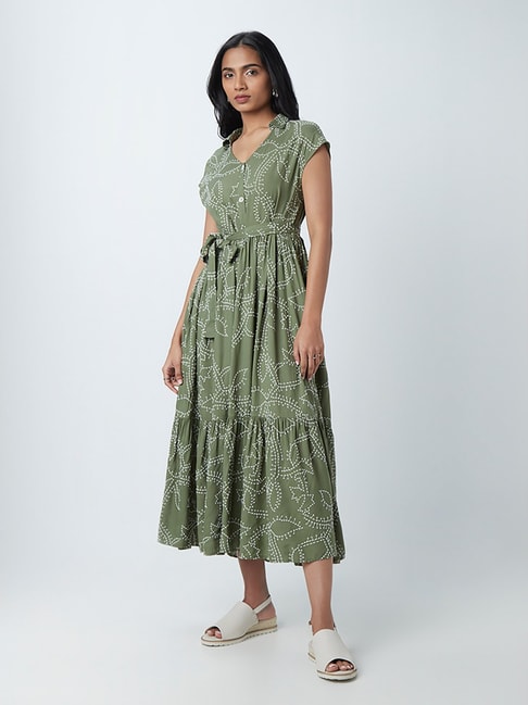 LOV by Westside Olive Tiered Dress With Belt Price in India