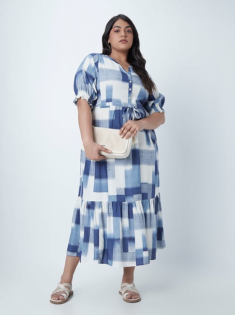 Gia Curves by Westside Blue Printed Tiered Dress Price in India