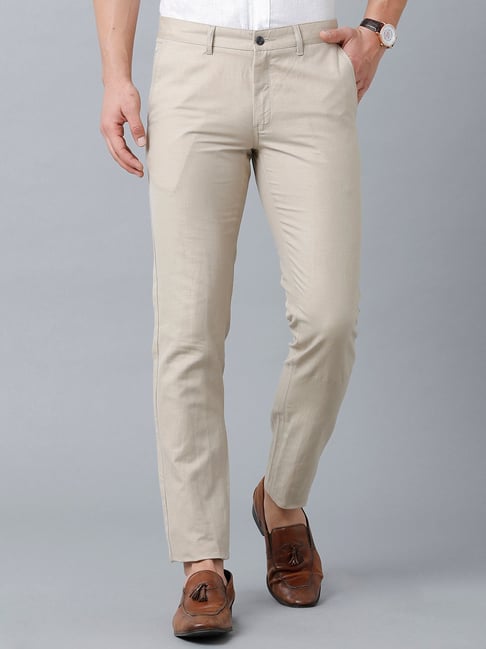 Buy Men Cream Slim Fit Solid Flat Front Casual Trousers Online  889546   Louis Philippe