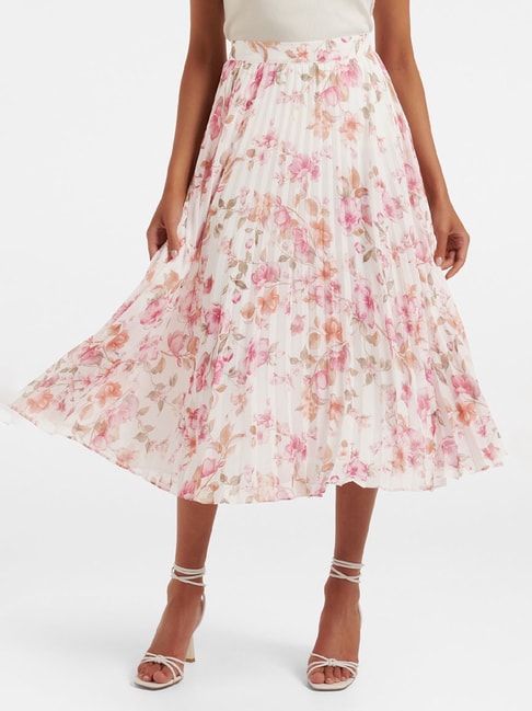 Forever New White Floral Print A-Line Midi Pleated Skirt Price in India