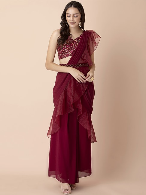 Indya Maroon Embellished Ready To Wear Saree Price in India