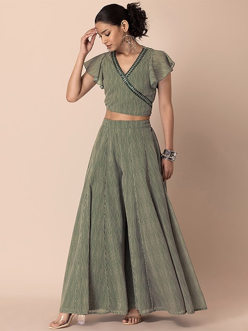 Indya Green Embroidered Crop Top Palazzo Set Price in India