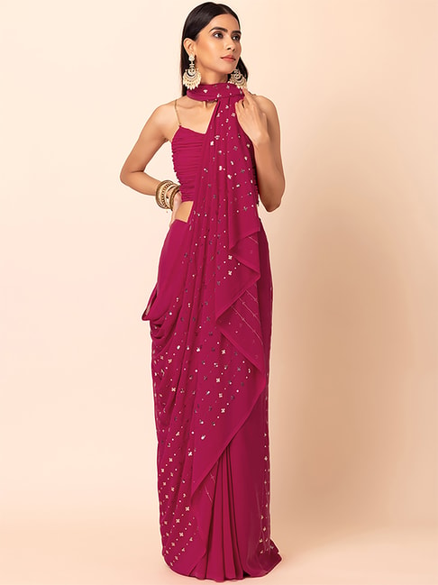 Indya Pink Embellished Saree With Blouse Price in India