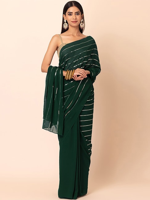 Indya Green Embellished Saree With Blouse Price in India