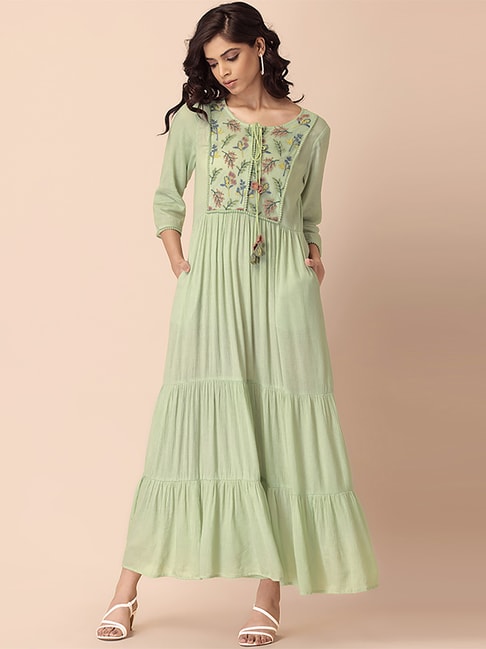 Indya Green Embroidered A Line Kurta Price in India