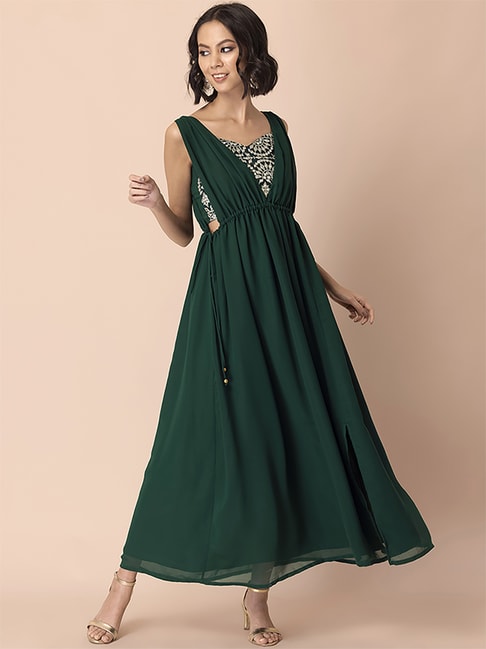 Indya Green Embroidered A Line Kurta With Cami Top Price in India