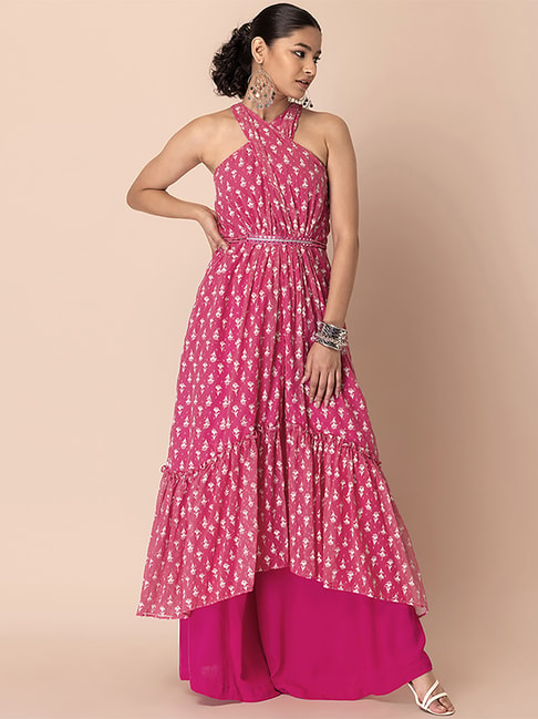Indya Pink Floral Print A Line Kurta Price in India